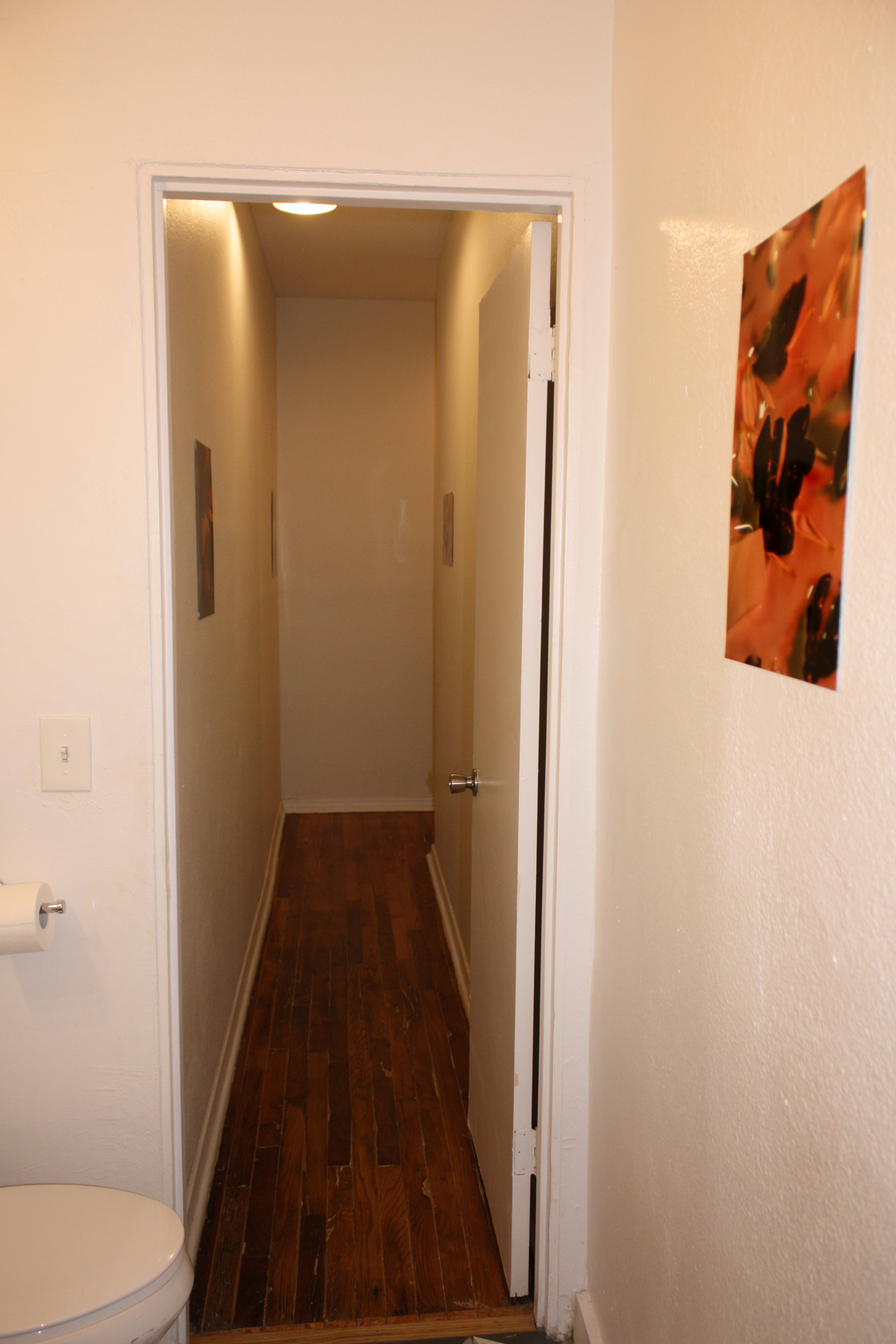 A pring hanging on a wall in the bathroom with a narrow hallway in the background